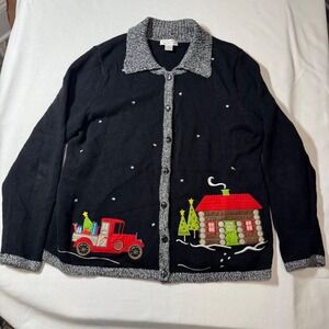 Christoper & Banks Womens‎ Black Christmas Cardigan Sweater XL Xmas Grandma Ugly